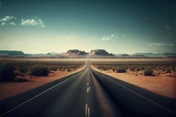 Naklejka premium a long road with a mountain in the background and a sky background with clouds in the sky and a few cars on the road in the middle of the road, with a few cars. Generative AI