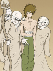 Scene of old mystery men and  young man