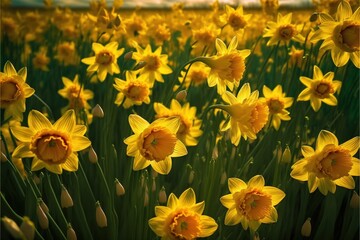  a field of yellow flowers with a sky background in the background and a blue sky in the background with clouds in the sky and a few yellow flowers in the foreground. Generative AI