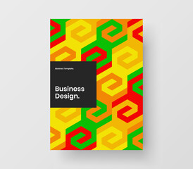 Isolated company brochure design vector layout. Multicolored geometric hexagons flyer illustration.