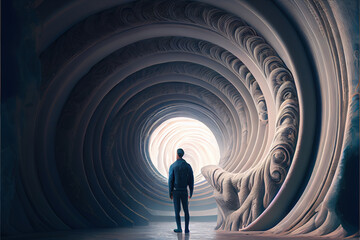 A person with a surreal, dreamlike appearance, standing in front of a large, open spiral.  Imaginative self-expression and exploration of inner self. Generative AI