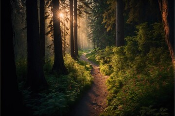 Fototapeta premium a path in the woods with the sun shining through the trees and the sun shining through the trees on the other side of the path is a path with a trail in the woods with flowers and. Generative AI