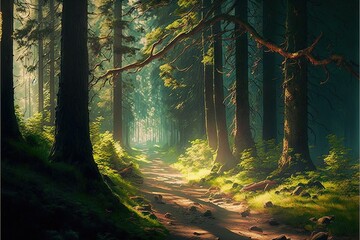  a painting of a forest with a path leading through it and trees on both sides of the path, with sunlight shining through the trees on the ground, and on the ground, and on the ground. Generative AI
