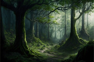  a painting of a forest with a path through it and lots of trees in the background with moss growing on the ground and on the ground, and on the ground, and on the ground. Generative AI
