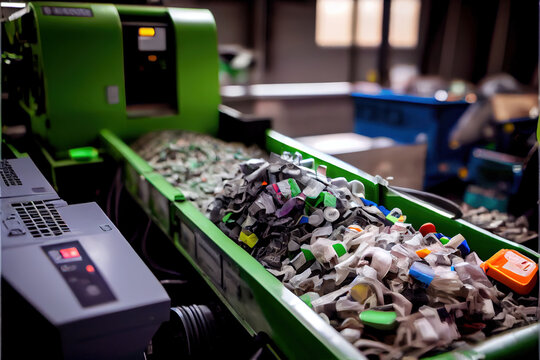 A close up of a recycling machine sorting plastic waste in a recycling factory, with a backdrop of conveyor belts. Generative AI