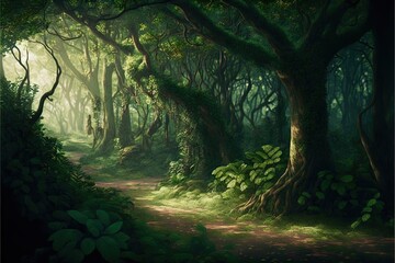  a painting of a forest with a path leading through it and lots of trees and plants on the ground and a light shining through the trees on the ground, with a green light,. Generative AI