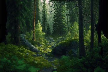 Obraz premium a painting of a forest with rocks and trees in the background and a path through the woods with rocks and trees in the foreground, with green foliage, and a few trees,. Generative AI