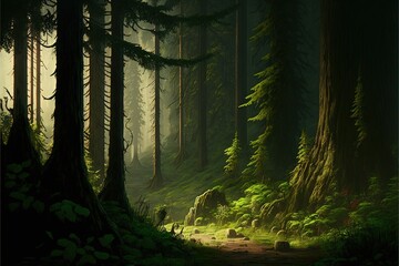  a painting of a forest with a path through the woods and trees in the background, with a few animals in the foreground, and a few trees in the foreground. Generative AI