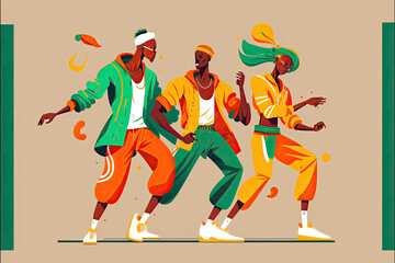 Fototapeta na wymiar Professional street dancers in bright outfits, Afro dancers moving in dance outdoors, generative ai