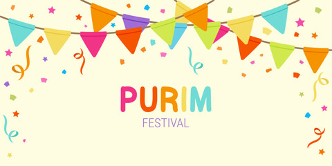 Happy Purim  banner with ribbons and confetti on yellow background