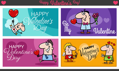 Valentines Day designs set with cartoon characters in love