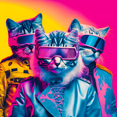 Abstract Funky Cats music band illustration, fashionable, retro pop and coroful pattern Generative AI © PaputekWallArt