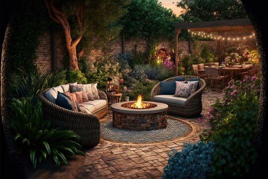  a patio with a fire pit surrounded by furniture and trees and plants at night time with lights on the patio and patio furniture and table and chairs around it, and a fire pit. Generative AI