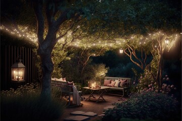  a couple of benches sitting under a tree covered in lights and lights strung from the trees above them are two benches with pillows on them and a bench with pillows on the bench. Generative AI