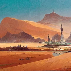Plexiglas foto achterwand Sunset desert planet landscape illustration Generative AI © gassh