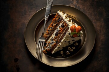  a piece of cake on a plate with a fork and a knife on a table with a spoon and fork on it and a fork in front of the plate is a piece of cake. Generative AI