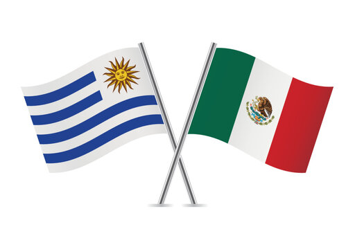 Uruguay and Mexico crossed flags. Uruguayan and Mexican flags on white background. Vector icon set. Vector illustration.