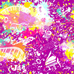 Vector purple Music background. Seamless pattern with Hand drawn doodle Musical Instruments, Retro musical equipment.