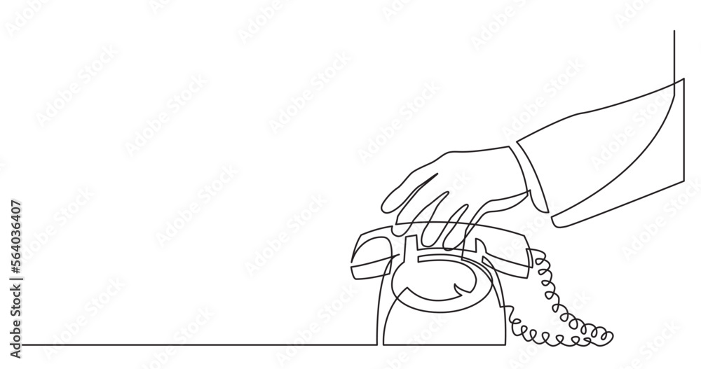Poster continuous line drawing vector illustration with fully editable stroke of man hand reaching phone to