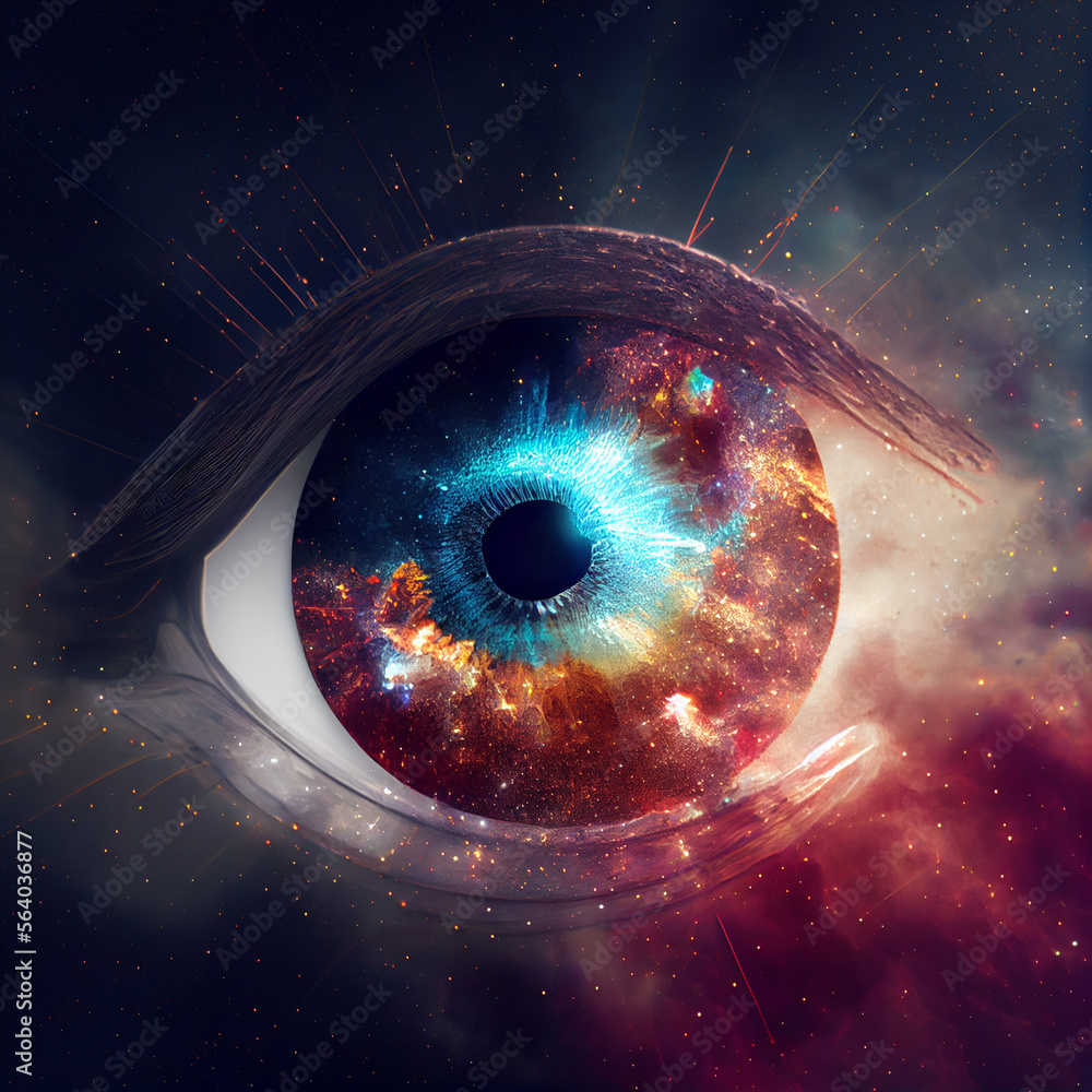 Poster Close up Abstract eye concept looking on a nebula dust in infinite space background 