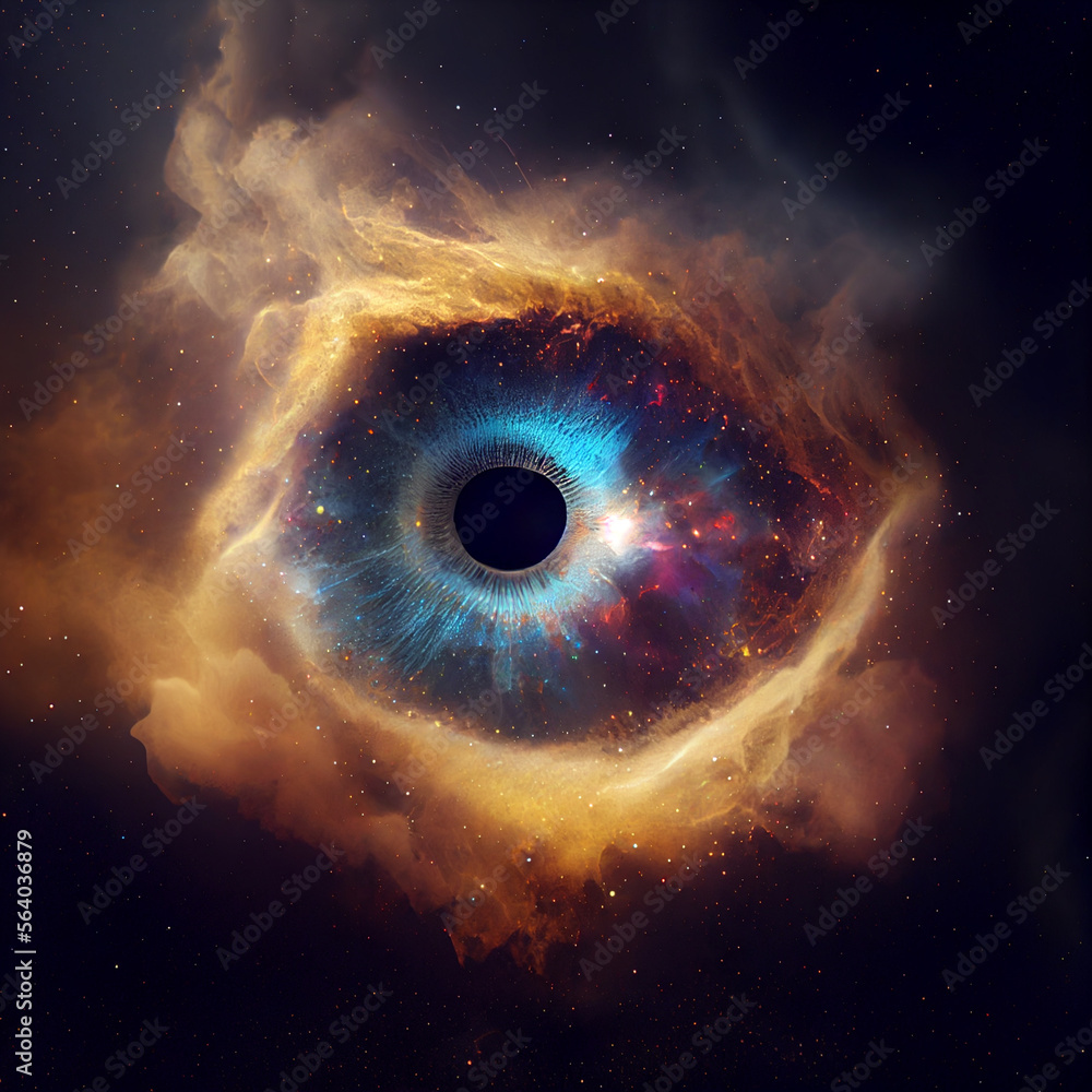 Poster Close up Abstract eye concept looking on a nebula dust in infinite space background 