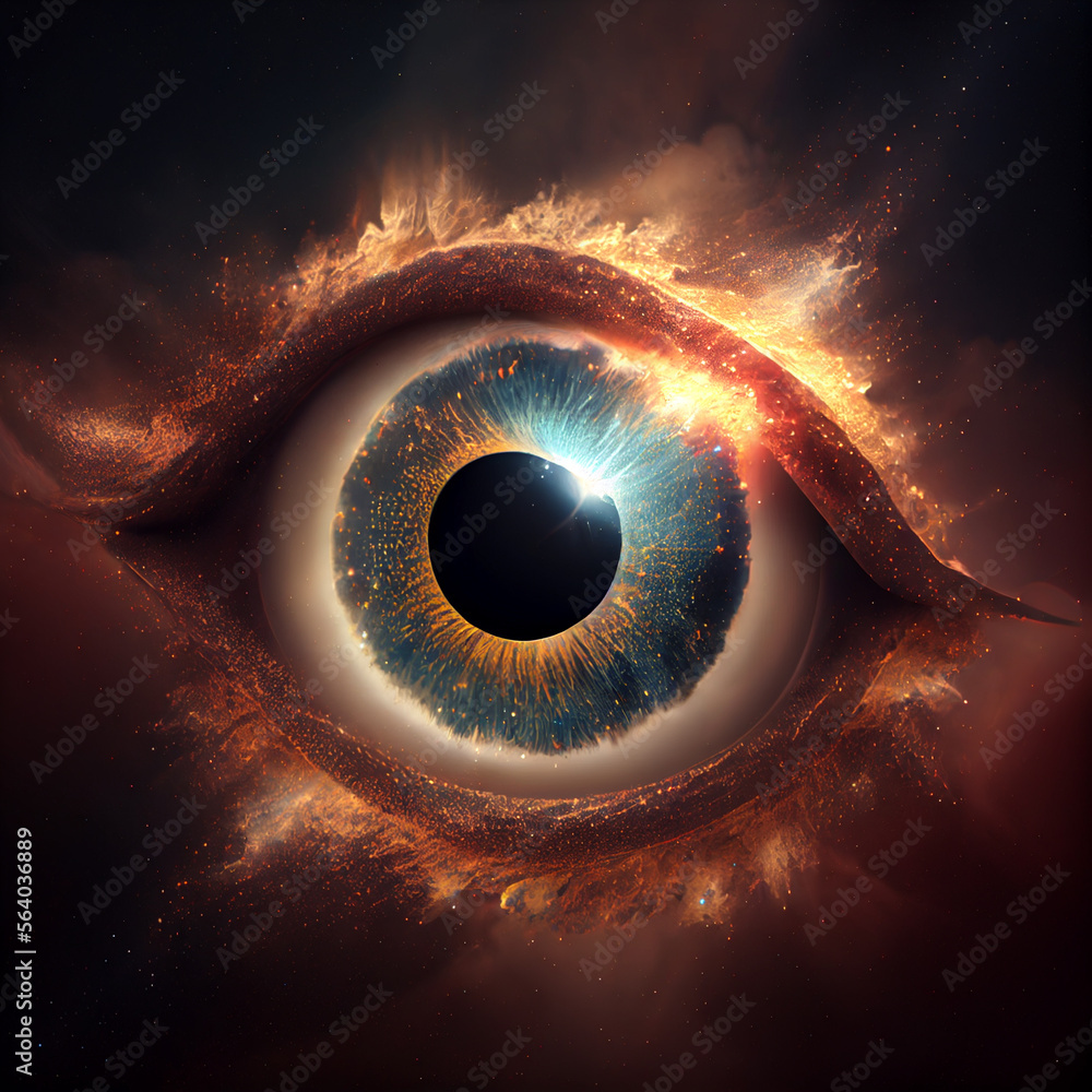Poster Close up Abstract eye concept looking on a nebula dust in infinite space background 