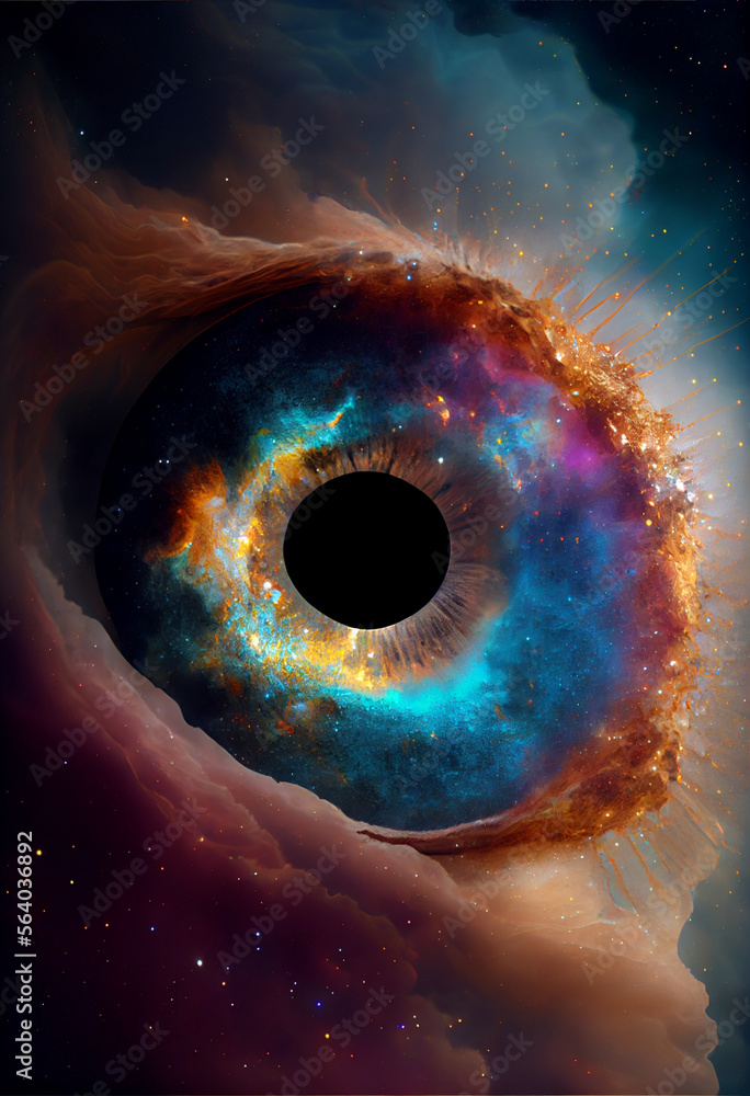 Poster Close up Abstract eye concept looking on a nebula dust in infinite space background 