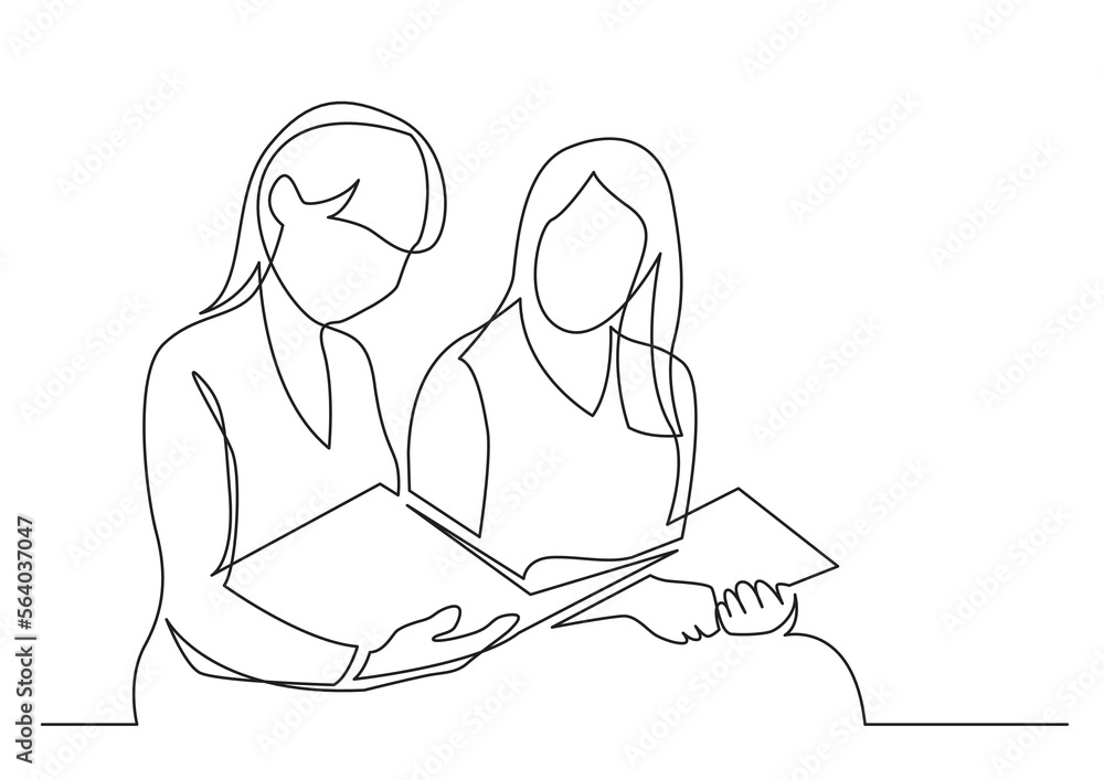 Sticker continuous line drawing vector illustration with FULLY EDITABLE STROKE of two young women reading book