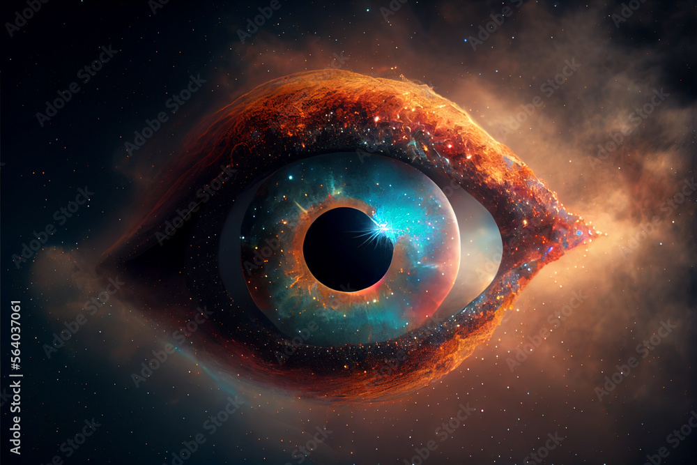 Poster Close up Abstract eye concept looking on a nebula dust in infinite space background 