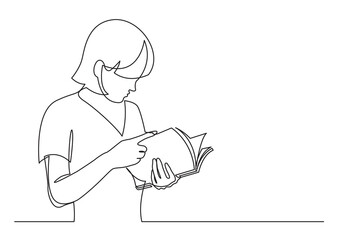 continuous line drawing vector illustration with FULLY EDITABLE STROKE of standing young woman reading book