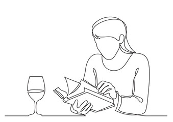 continuous line drawing vector illustration with FULLY EDITABLE STROKE of woman drinking wine  reading book