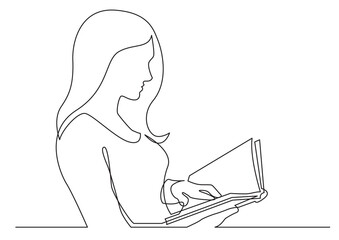 continuous line drawing vector illustration with FULLY EDITABLE STROKE of woman reading book