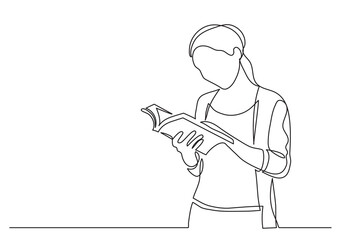 continuous line drawing vector illustration with FULLY EDITABLE STROKE of woman standing reading book
