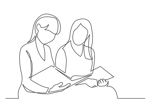 continuous line drawing vector illustration with FULLY EDITABLE STROKE of two young women reading book