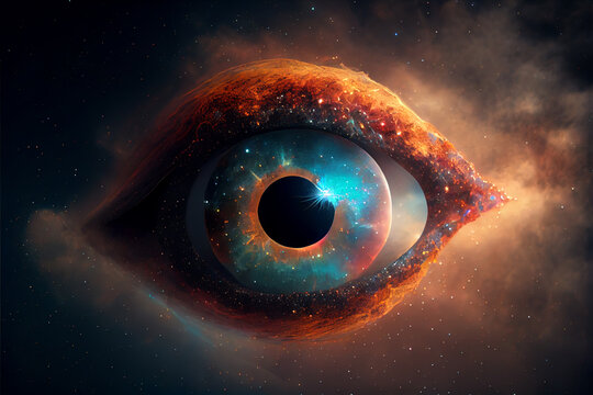 Close up Abstract eye concept looking on a nebula dust in infinite space background 