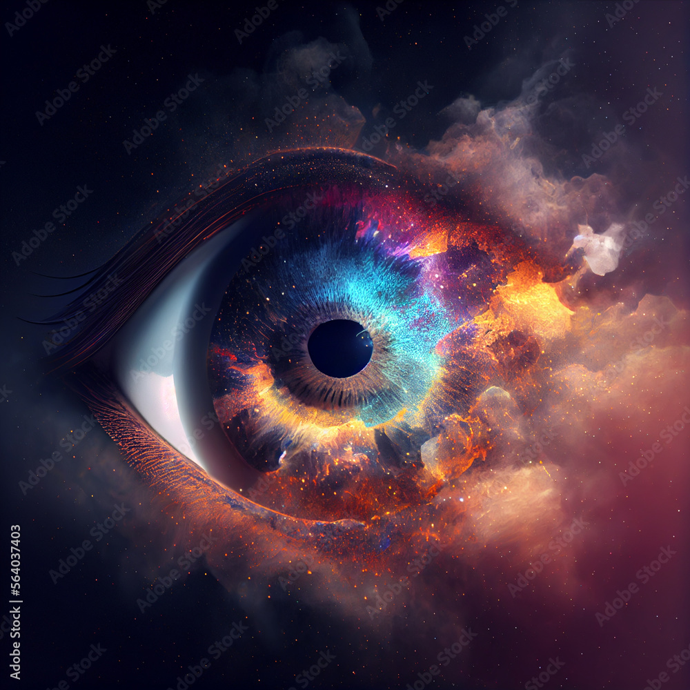 Poster Abstract eye concept looking on a nebula dust in infinite space background . Mixed media.