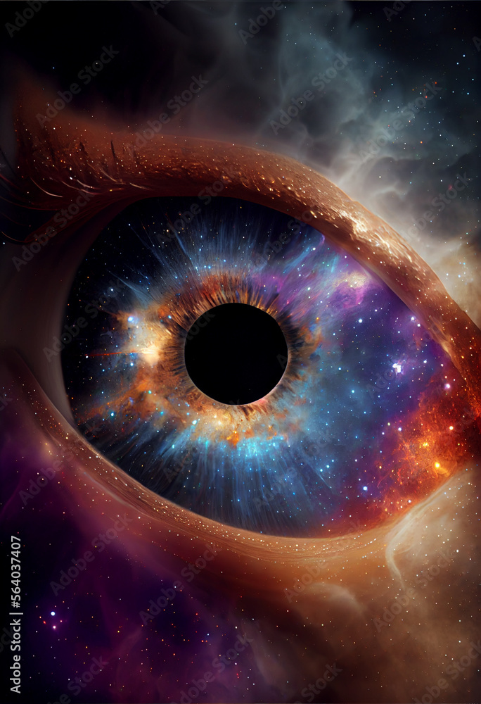 Poster Abstract eye concept looking on a nebula dust in infinite space background . Mixed media.