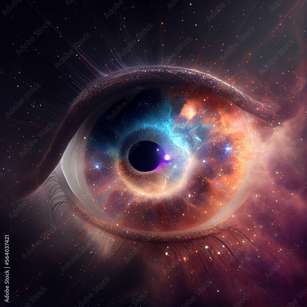 Poster Abstract eye concept looking on a nebula dust in infinite space background . Mixed media.