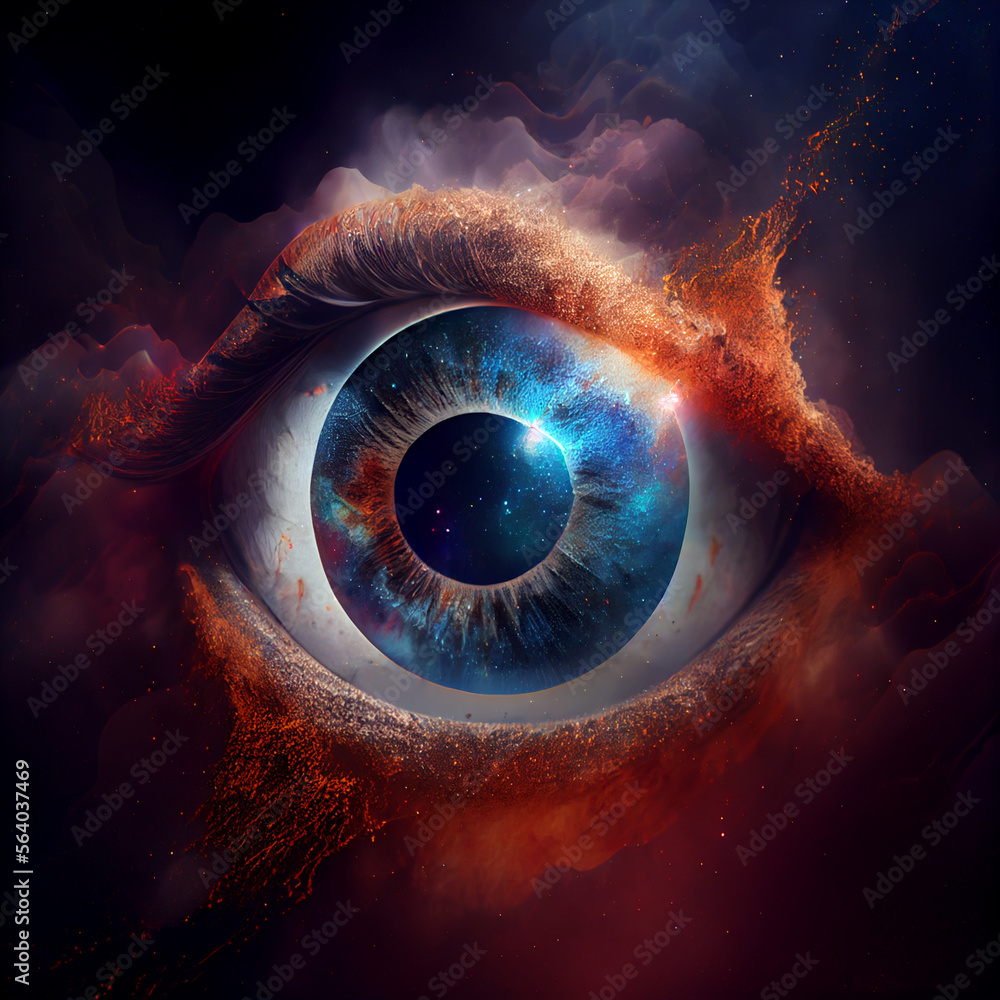 Poster Abstract eye concept looking on a nebula dust in infinite space background . Mixed media.
