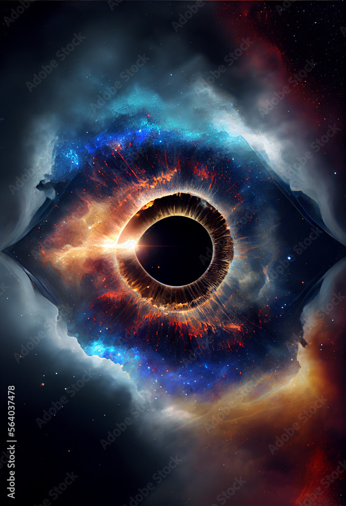 Poster Abstract eye concept looking on a nebula dust in infinite space background . Mixed media.