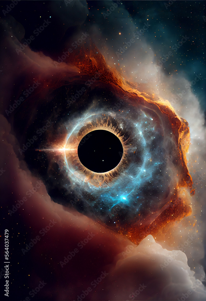 Poster Abstract eye concept looking on a nebula dust in infinite space background . Mixed media.