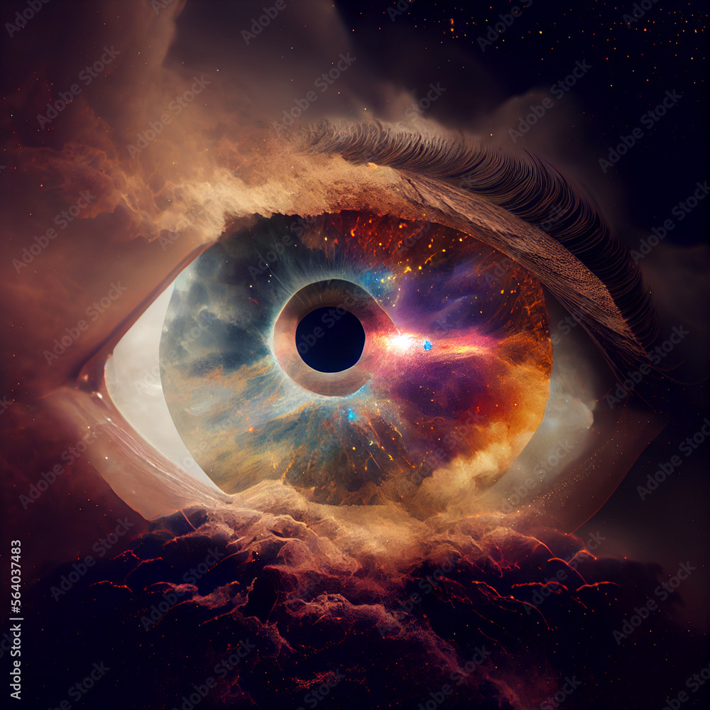 Poster Abstract eye concept looking on a nebula dust in infinite space background . Mixed media.