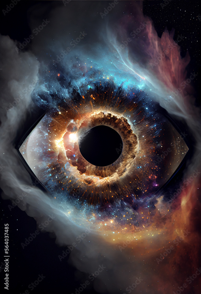 Poster Abstract eye concept looking on a nebula dust in infinite space background . Mixed media.