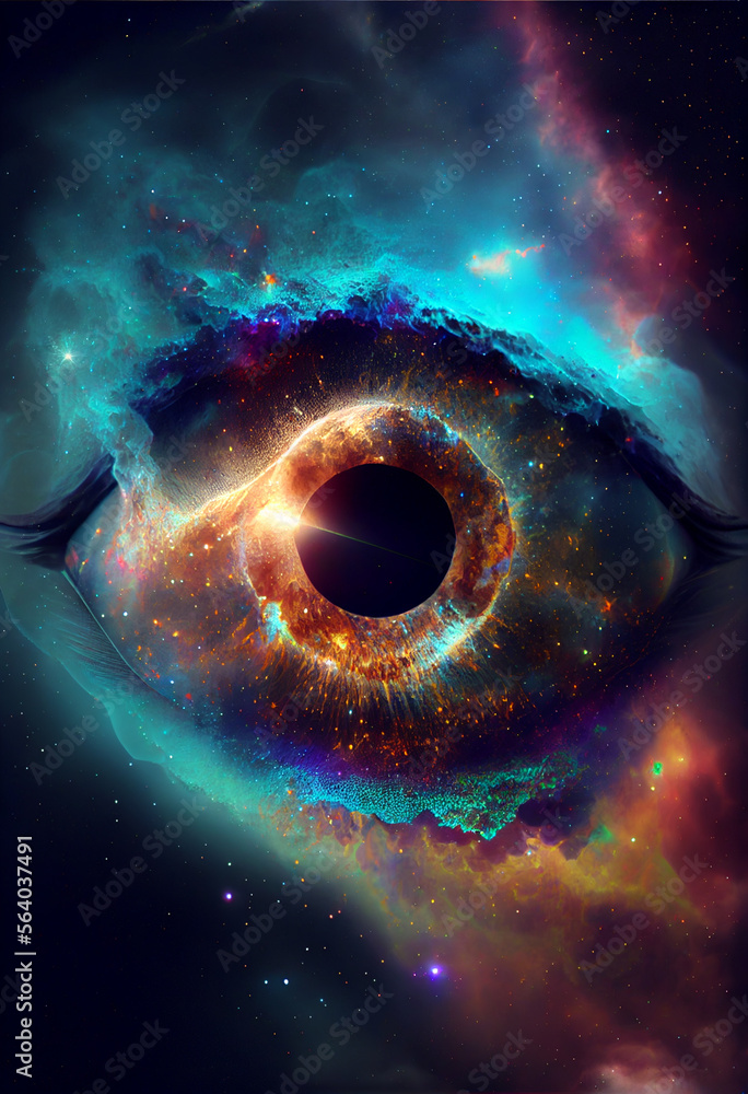 Poster Abstract eye concept looking on a nebula dust in infinite space background . Mixed media.