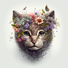 cat with flowers color art