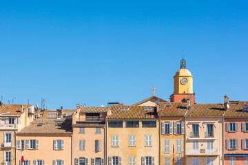 Fototapeta premium Postcard view of Saint Tropez village in south of France against clear blue summer sky