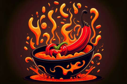 A cartoon illustration of a hot chili pepper or spicy meal. Generative AI
