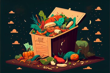 A cartoon illustration of food in perfect state in a dumpster representing food waste. Generative AI
