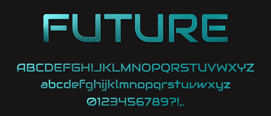 Futuristic font design, alphabet letters and numbers with metallic sparkle effect, abstract modern future abc for cover, poster, logos etc. 