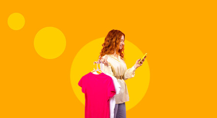 Special Offer. Portrait of excited young lady holding using cell phone isolated on yellow orange wall. Positive female showing empty mockup place for banner ad